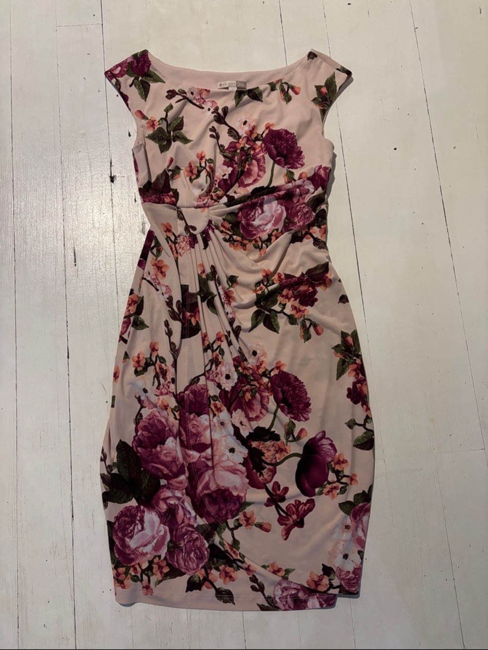 Cap-Sleeve Floral Midi Dress in Blush and Plum